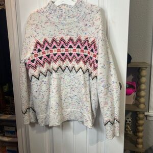 LOFT Pink and Black Patterned Turtleneck Sweater